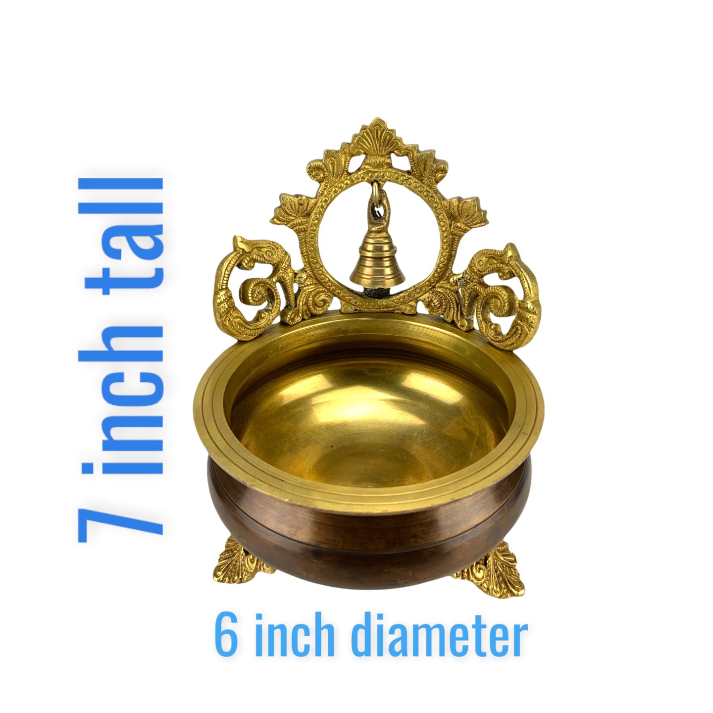 Brass Urli Bowl with Bell 7 Inch Indian Ethnic Urli Bowls for Floating Flowers Tea Light Candles Home Office Table Pooja Room Decor Diwali Decoration Showpiece Housewarming Gift