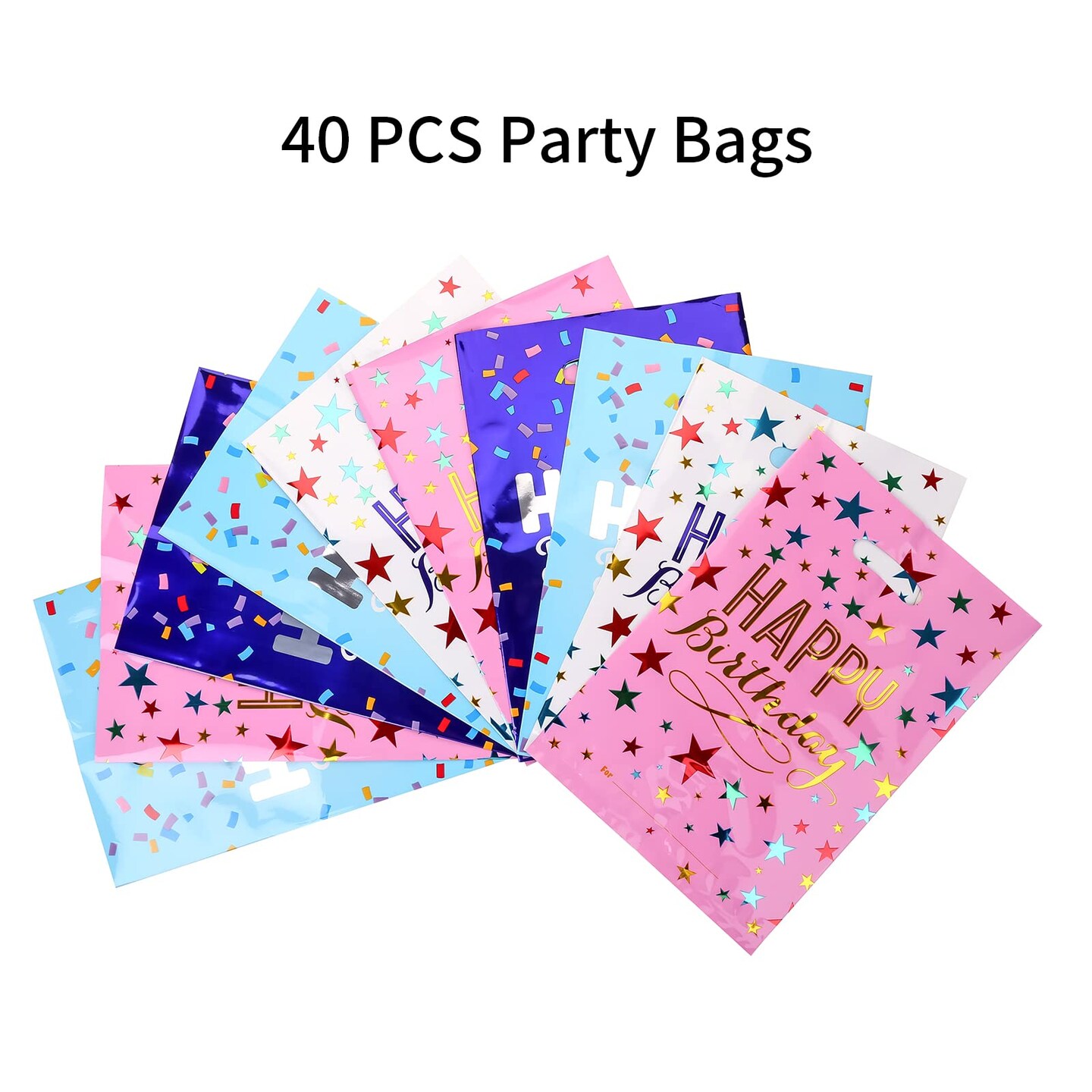 40 Pieces Medium(6.7 * 9.8inch) Happy Birthday Party Favor Bags Plastic Goodies Loot Bags Bulk for Kids Baby Girls & Boys Birthday Return Gift (B Style 40 Packs)