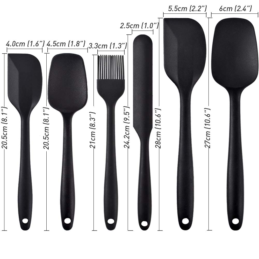 6 Piece Set with One Piece Design, Nonstick Rubber Spatula Kitchen with Stainless Steel Core for Cooking, Baking, and Mixing - Black