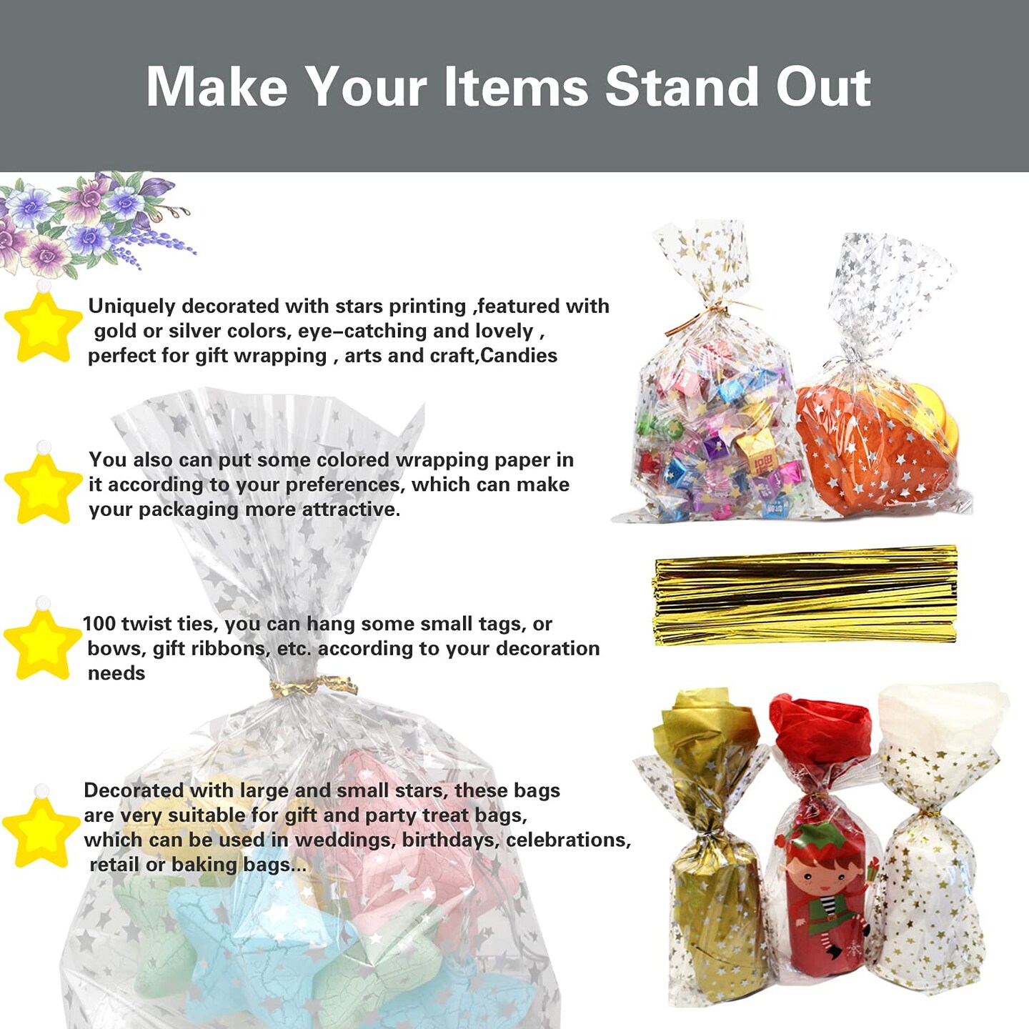 100 Pieces Star Printed 5&#x22;X 7&#x22; Gift Wrap Cello Cellophane Treat Bags Party Favor bags Clear Candy Cookie Bags Plastic Poly Goodie Storage Bags with Twist Ties for Bakery,Birthday, Wedding,Party