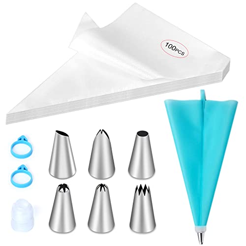 110 Pieces Piping Bags and Tips Set, Cake Decorating Kit with 100 Disposable Pastry bags, 1 Reusable Silicone Piping Bag, 6 Stainless Steel Piping Tips, 1 Coupler, 2 Frosting Bags Ties
