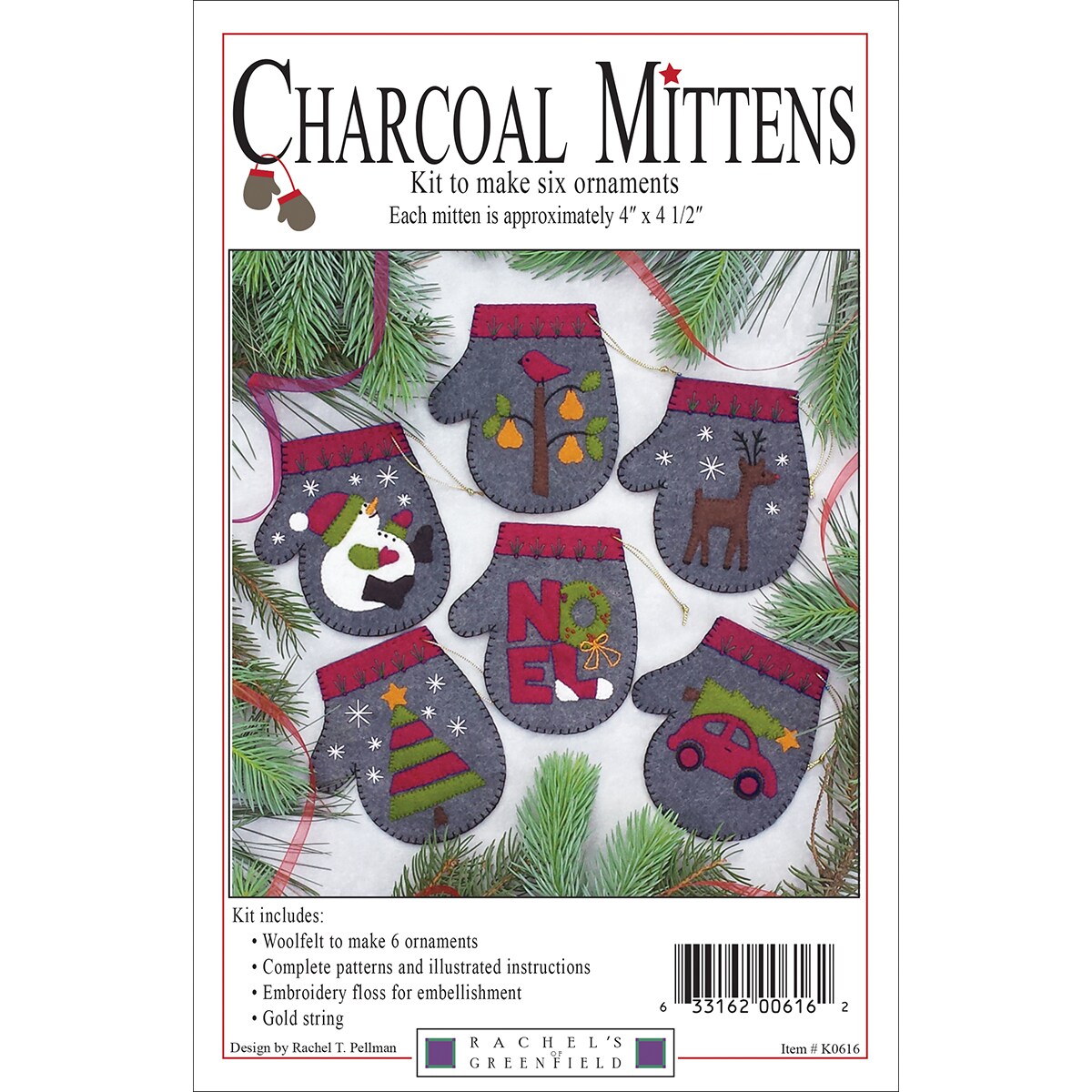 Rachel&#x27;s Of Greenfield Felt Ornament Kit 4.5&#x22;X4&#x22; 6/Pkg-Charcoal Mittens