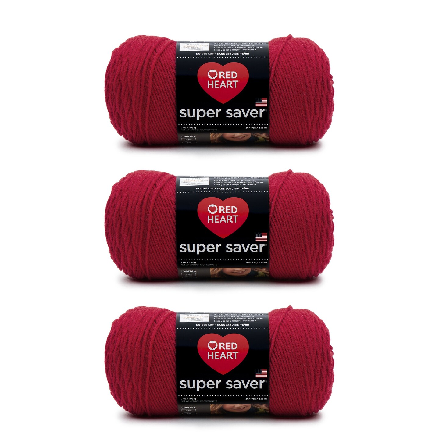 Red Heart Super Saver Cherry Red Yarn - 3 Pack of 198g/7oz - Acrylic - 4 Medium (Worsted) - 364 Yards - Knitting/Crochet