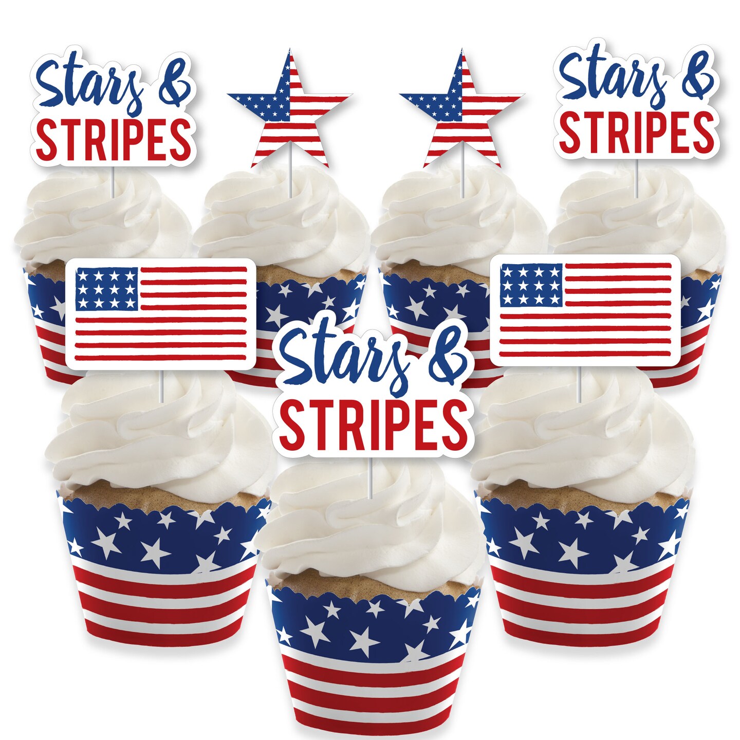 Big Dot of Happiness Stars &#x26; Stripes - Cupcake Decoration - Patriotic Party Cupcake Wrappers and Treat Picks Kit - Set of 24