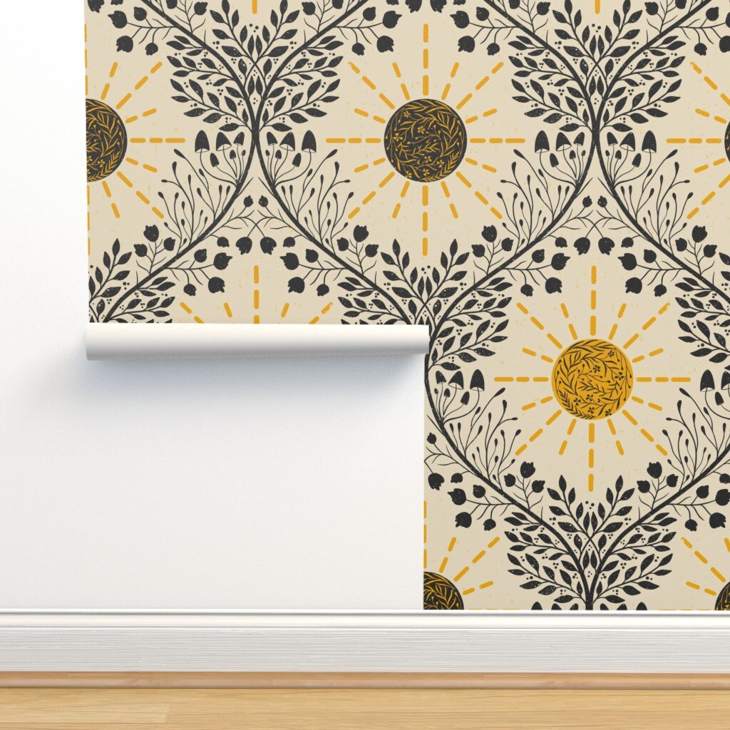 Retro Boho Sun Mushroom Organic Mushrooms Sunshine Botanical Ogee Weather Textured Yellow And Black Flower Custom Removable Wallpaper by Spoonflower Peel & Stick Wallpaper 2FT Wide