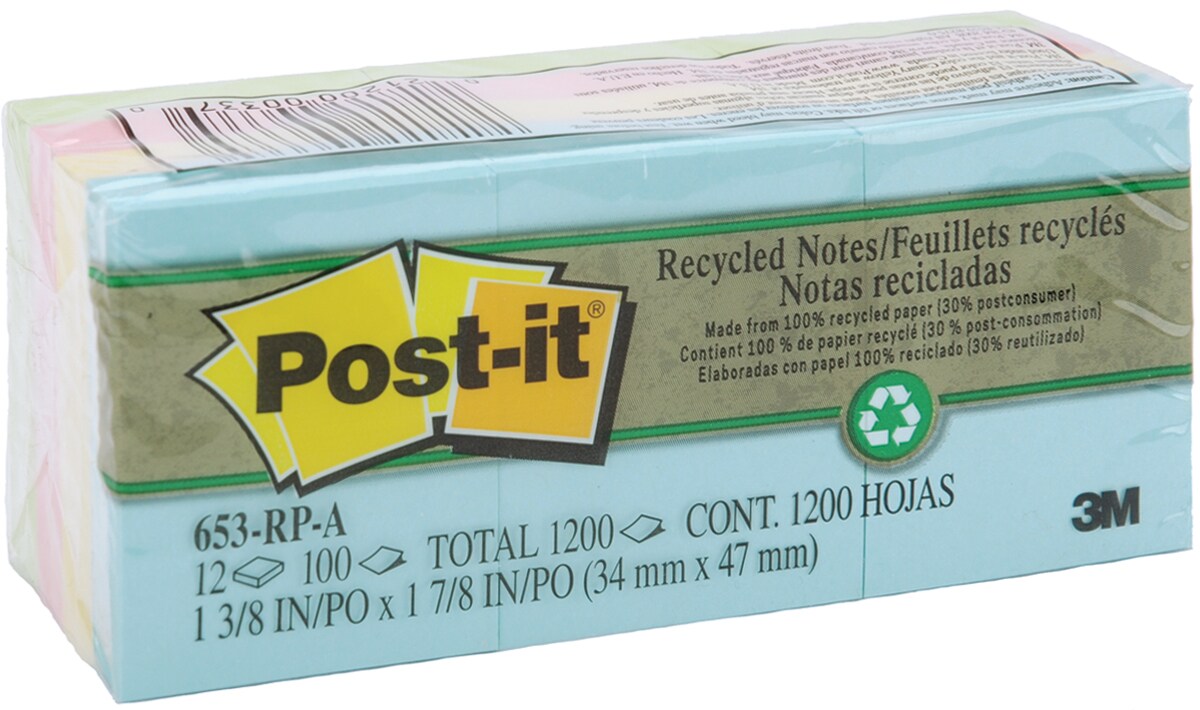 Post-It Recycled Notes 1.38"X1.88" 12/Pkg-Assorted Pastel Colors