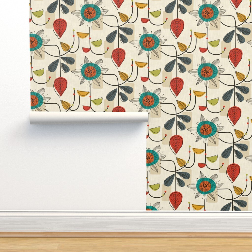 Mid Century Retro Floral Block Colour Cream Beige Geometric Shapes Atomic Age Custom Removable Wallpaper by Spoonflower Peel & Stick Wallpaper 2FT Wide