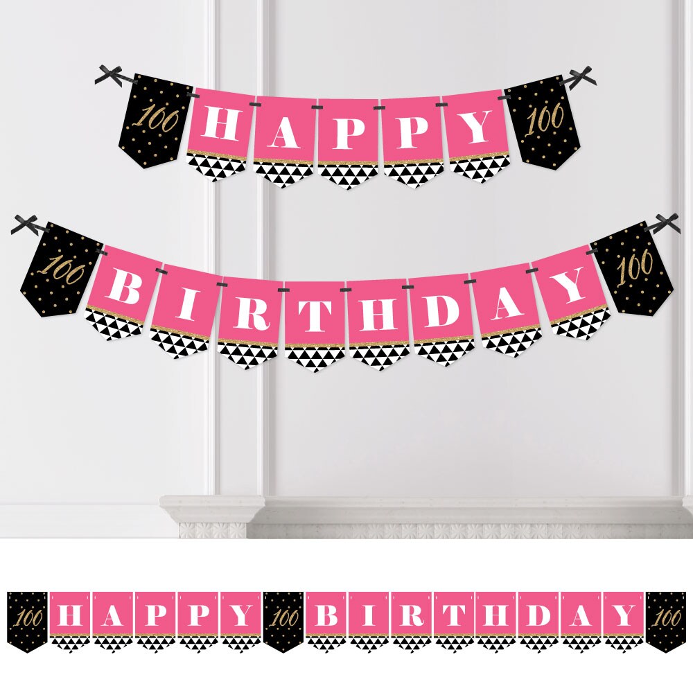 Big Dot of Happiness Chic 100th Birthday - Pink, Black and Gold - Birthday Party Bunting Banner - 100th Party Decorations - Happy Birthday