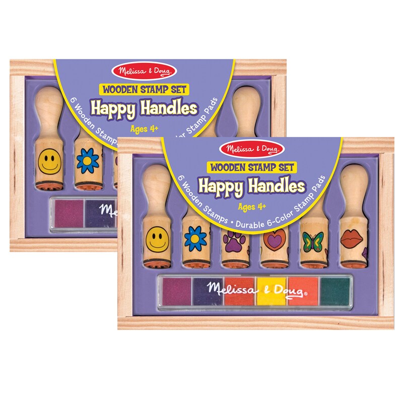 Happy Handle Wooden Stamp Set, 6 Stamps &#x26; Stamp Pad Per Set, 2 Sets
