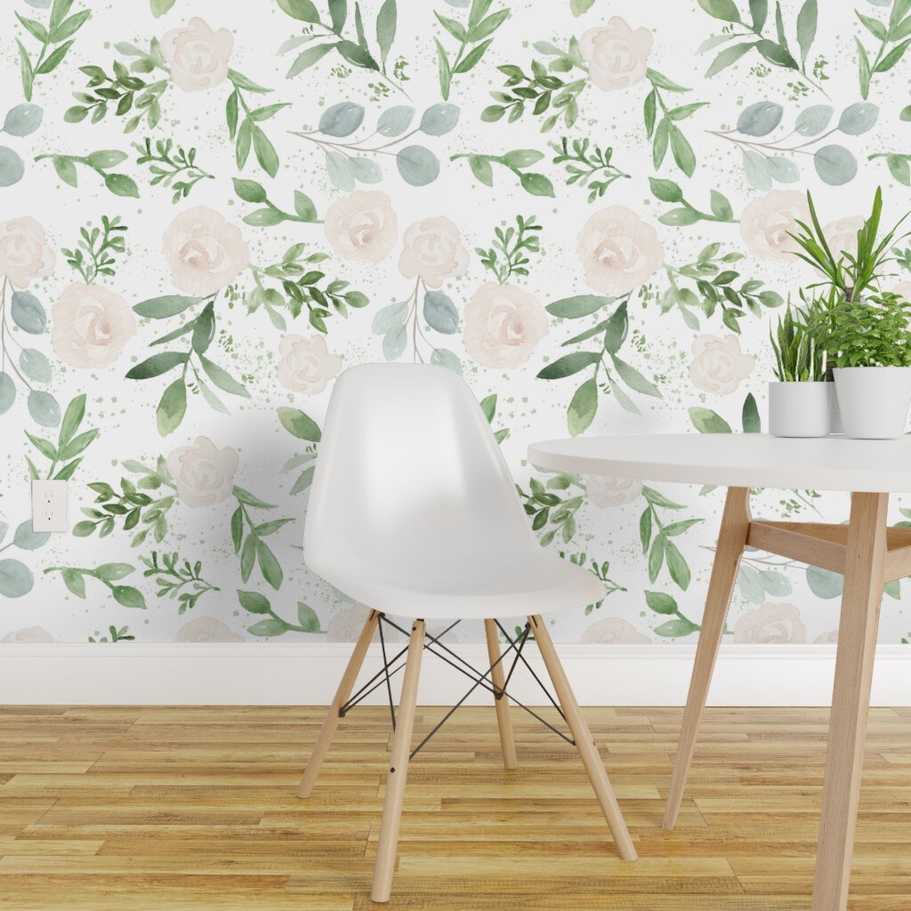 Peel &#x26; Stick Wallpaper 2FT Wide Floral Watercolor Botanical Garden Wedding Custom Removable Wallpaper by Spoonflower
