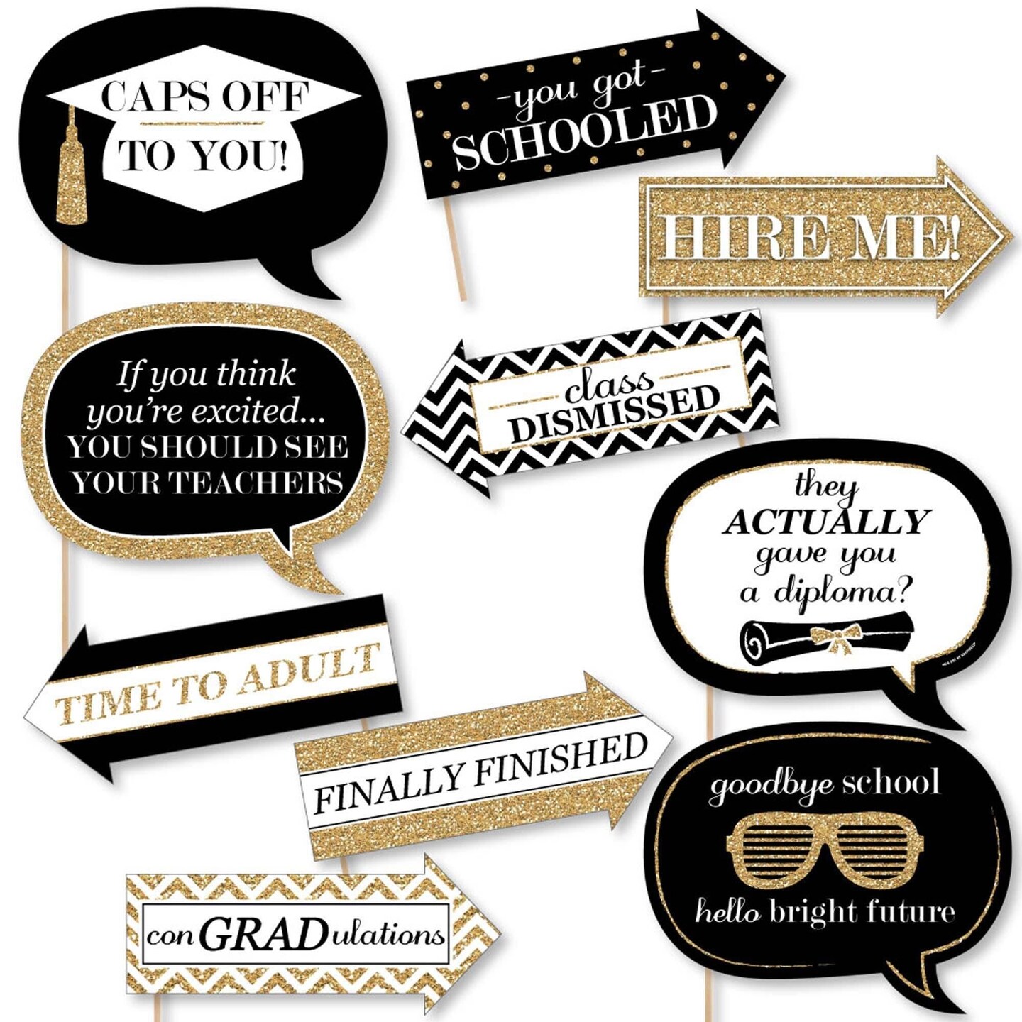 Big Dot of Happiness Funny Gold Graduation Party Photo Booth Props Kit - 10 Piece
