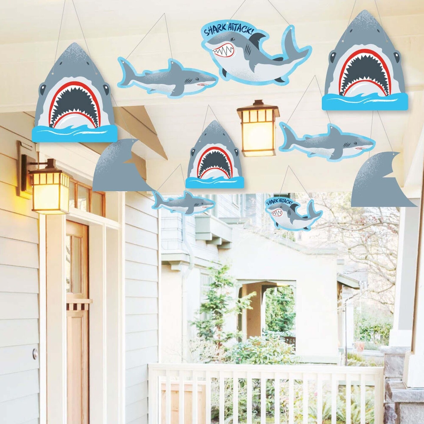 Big Dot of Happiness Hanging Shark Zone - Outdoor Jawsome Party or Birthday  Party Hanging Porch & Tree Yard Decorations - 10 Pieces