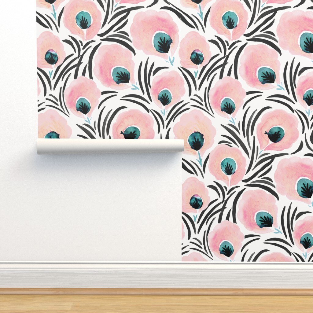 Feather Flowers Floral Art Deco Soft Pastel Blush Pink White Turquoise Black Custom Removable Wallpaper by Spoonflower Peel & Stick Wallpaper 2FT Wide