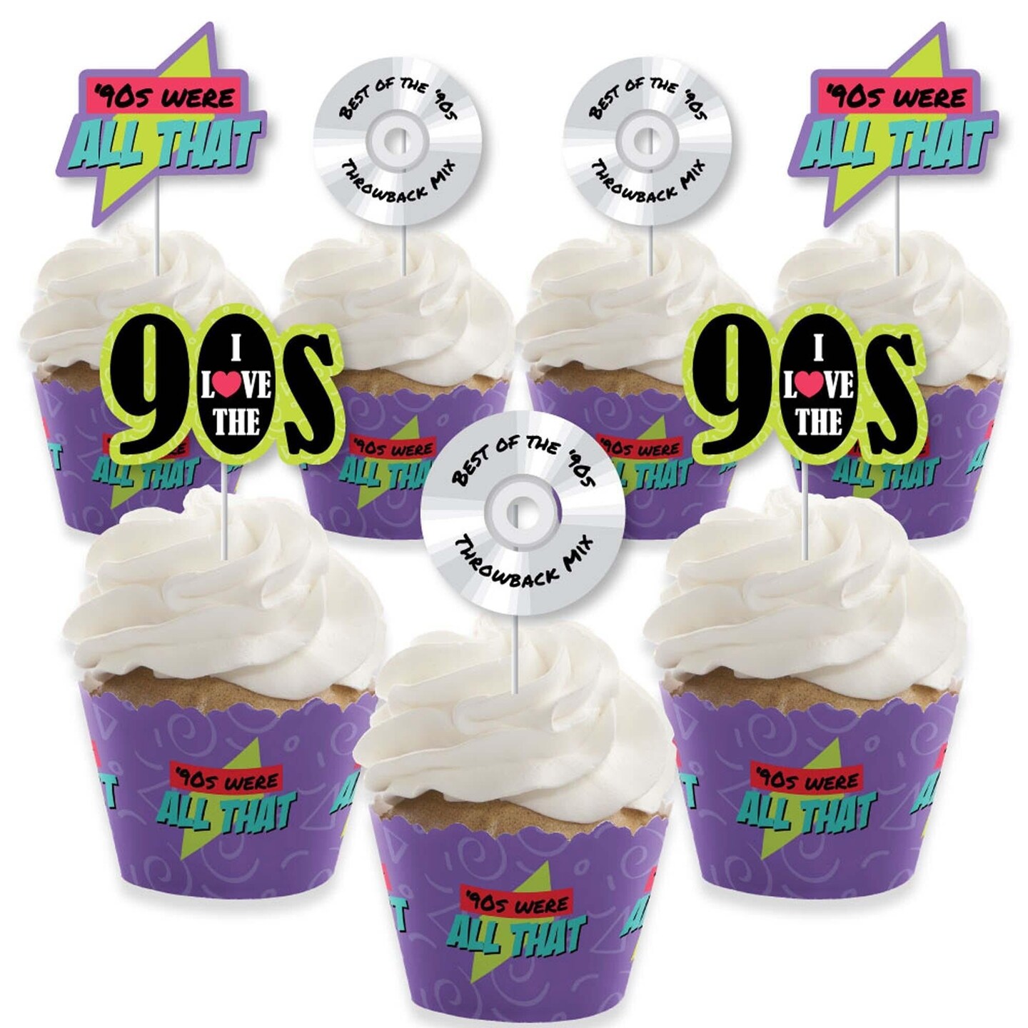 Big Dot of Happiness 90's Throwback - Cupcake Decoration - 1990s Party Cupcake Wrappers and Treat Picks Kit - Set of 24