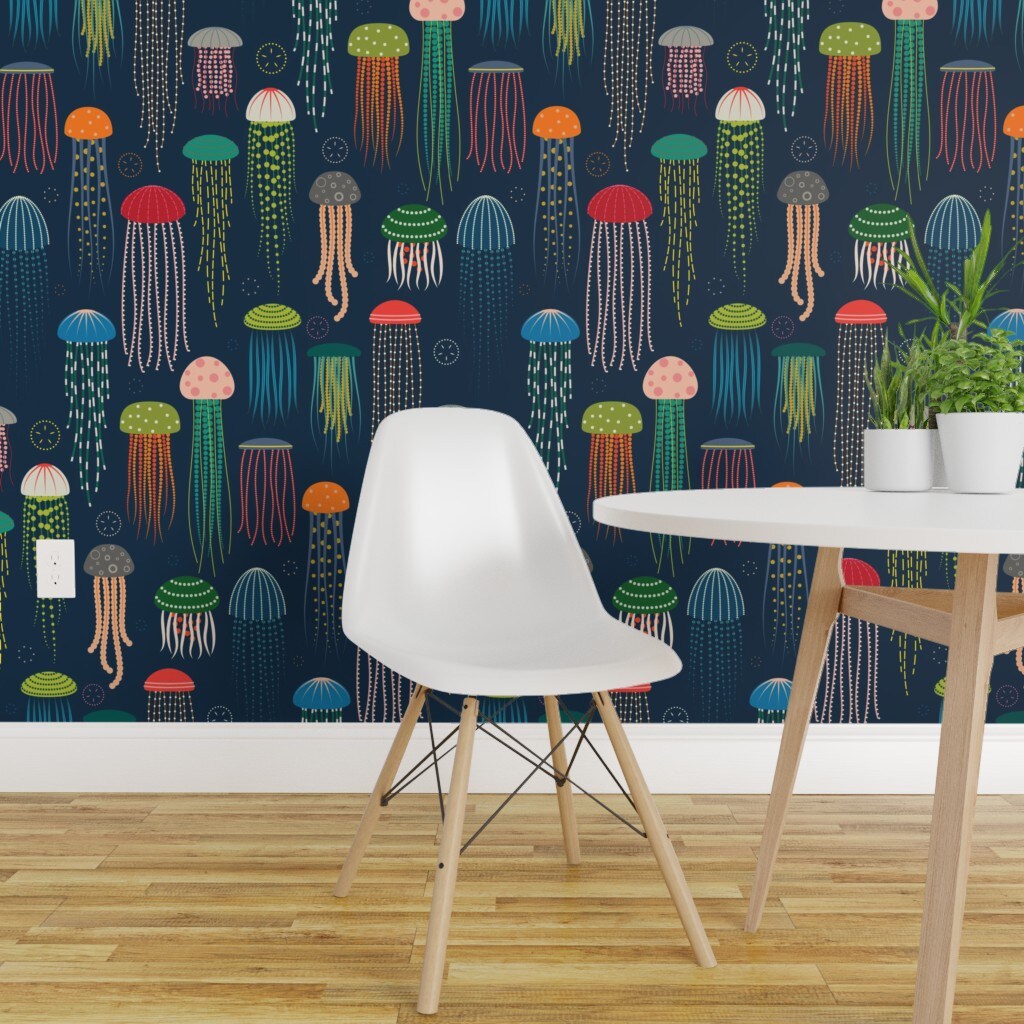 Peel & Stick Wallpaper 2FT Wide Jellyfish Bright Modern Animals Colorful Ocean Swim Sea
