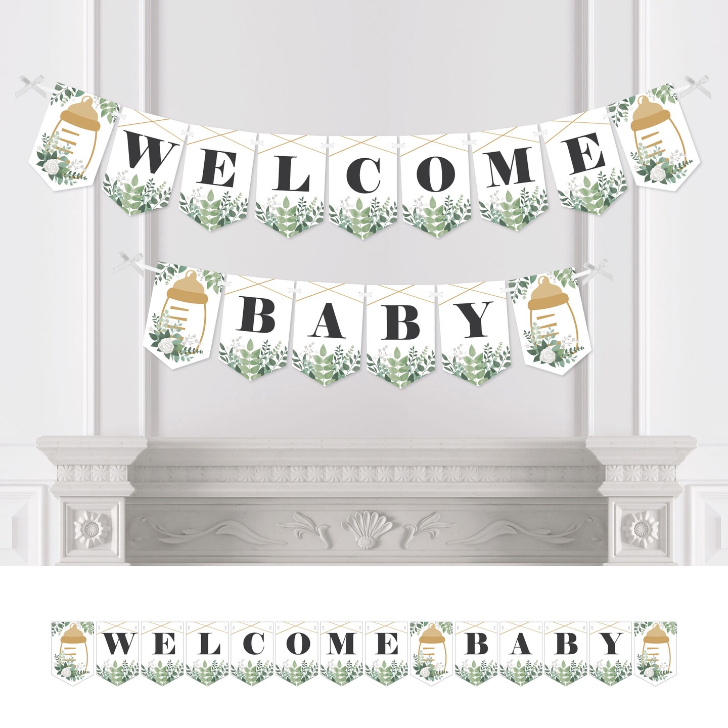 Big Dot of Happiness Boho Botanical Baby - Greenery Baby Shower Bunting Banner - Party Decorations - Welcome Baby