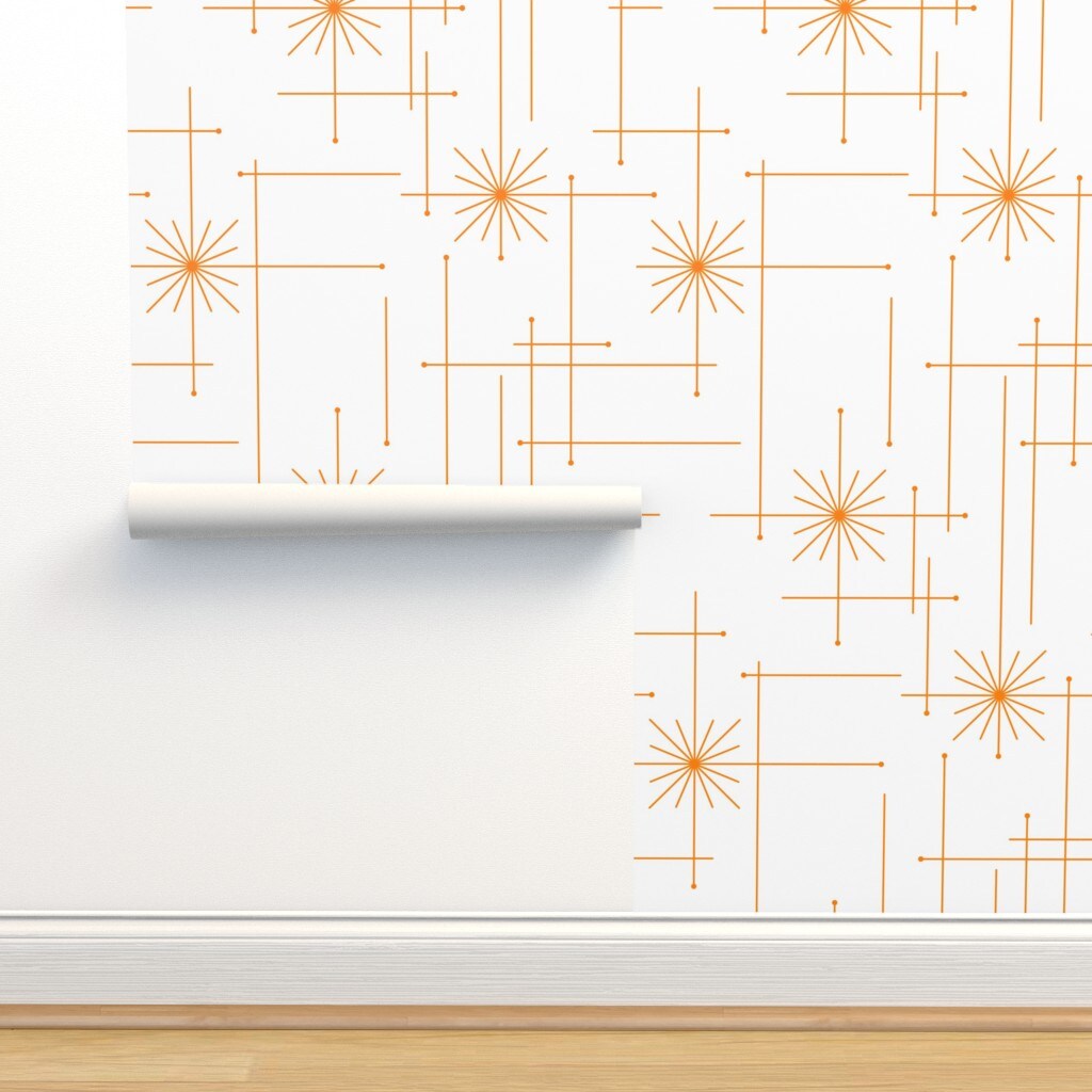 Mid Century Atomic Starbursts White Orange Stars Abstract Modern Bold Sun Custom Removable Wallpaper by Spoonflower Peel & Stick Wallpaper 2FT Wide