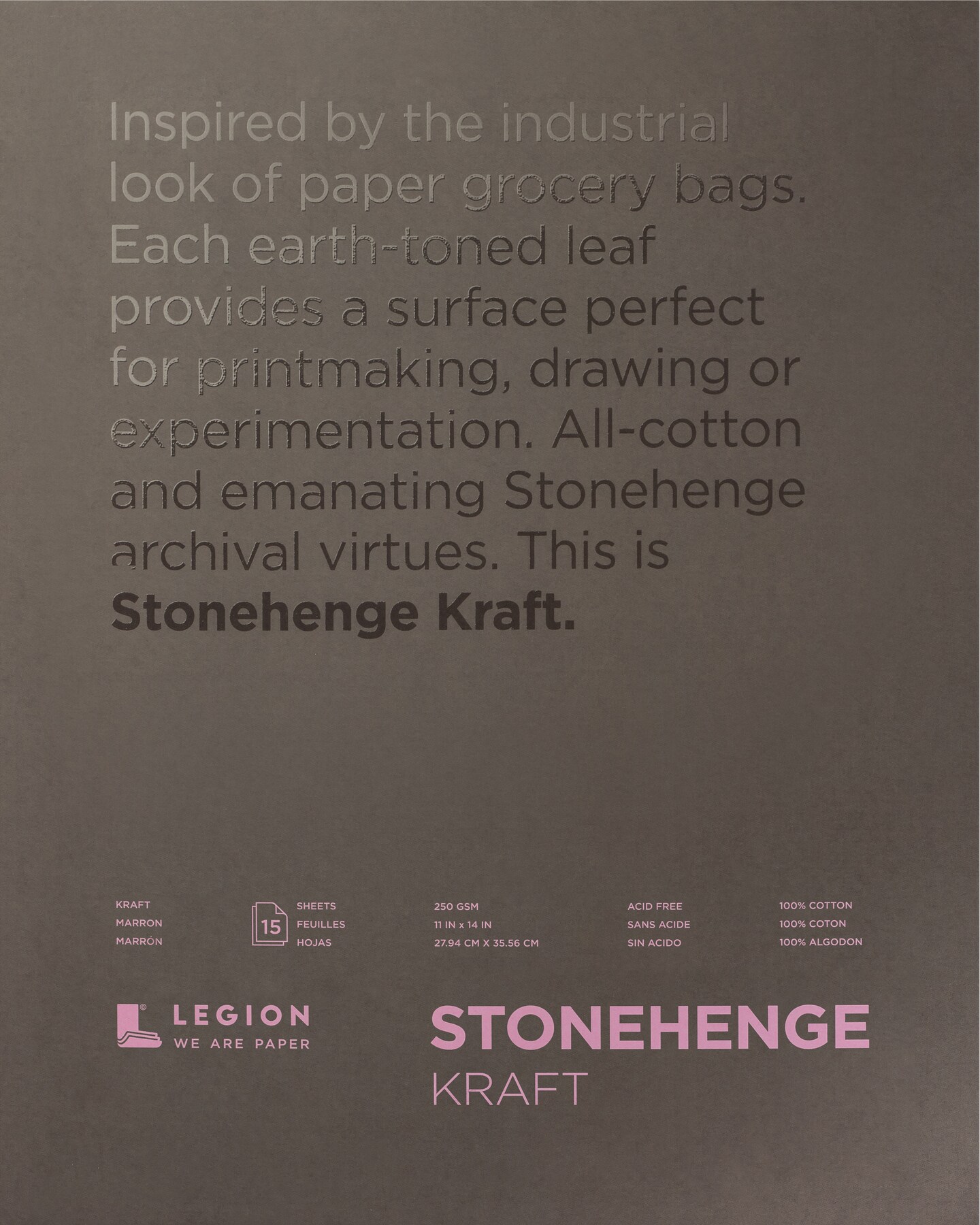 Stonehenge 100% Cotton Paper Pad 11&#x22;X14&#x22; 15 Sheets/Pkg-Kraft 250gsm