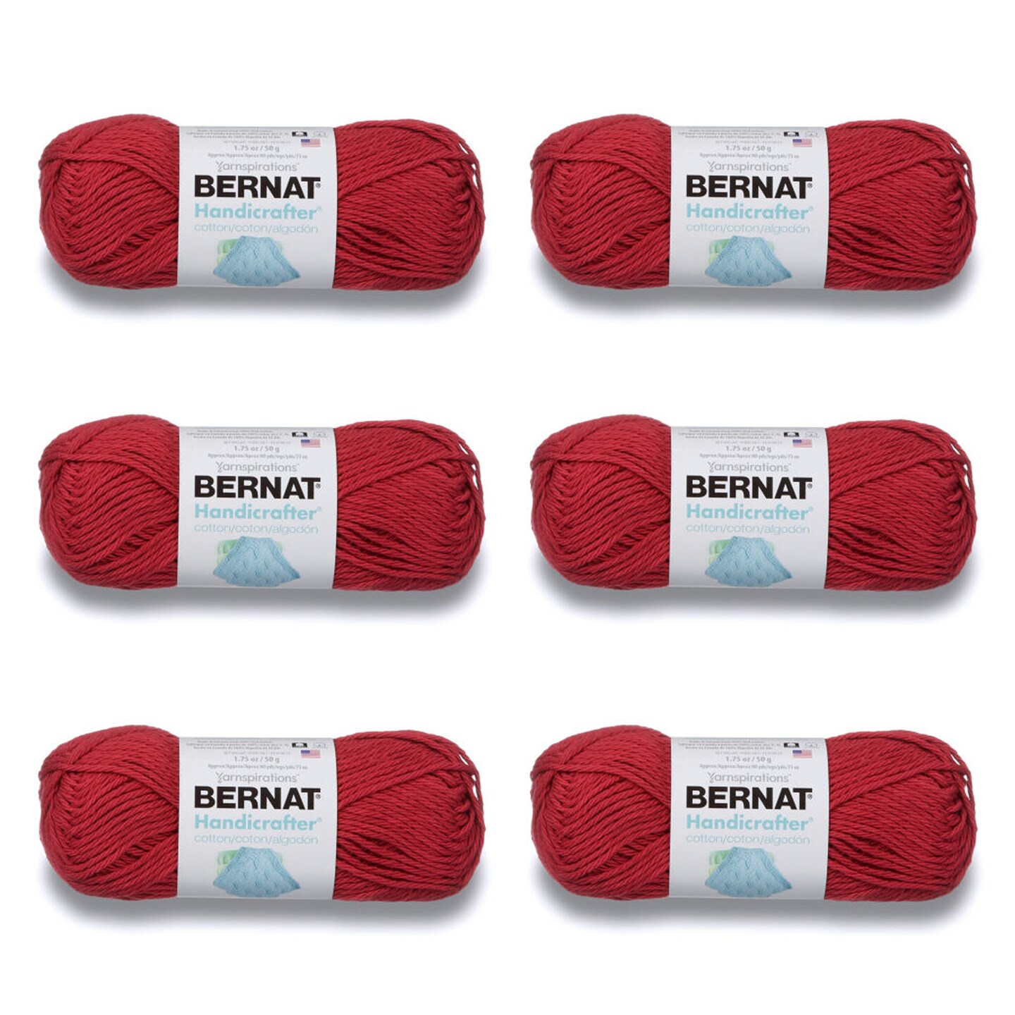Bernat Handicrafter Cotton Country Red Yarn 6 Pack of 50g 1.75oz Cotton 4 Medium Worsted 80 Yards Knitting Crochet