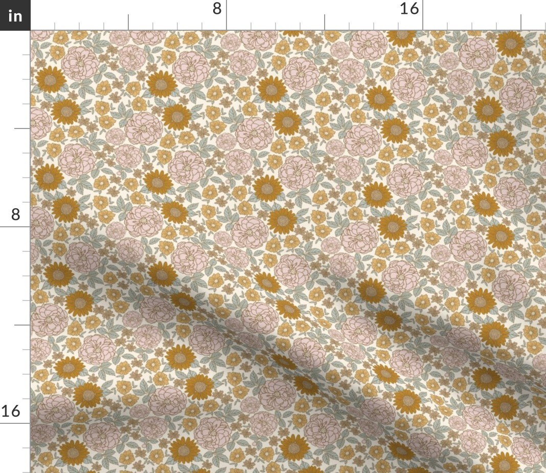 Golden Girl Flower Floral Retro Rose Fall Sunflower Bloom Custom Printed Fabric by Spoonflower Various Fabrics by the Yard or Fat Quarter