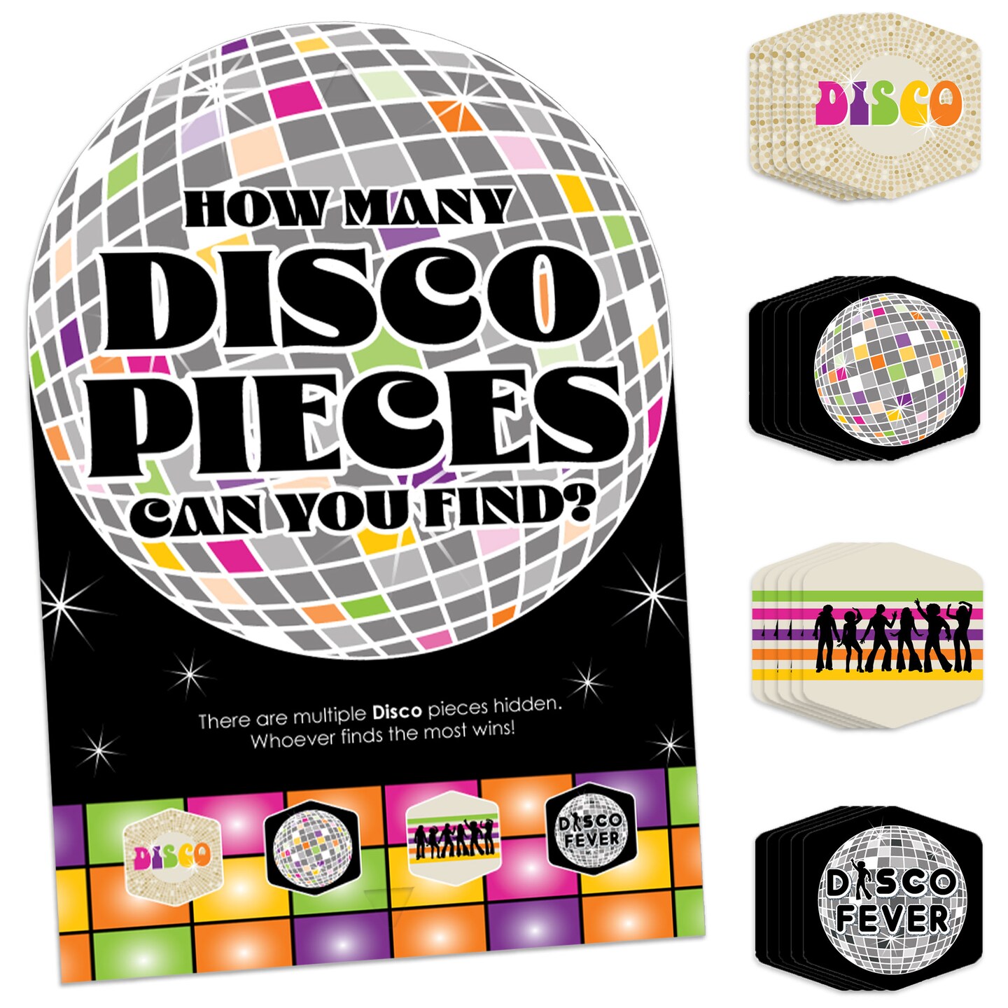Big Dot of Happiness 70&#x2019;s Disco - 1970s Disco Fever Party Scavenger Hunt - 1 Stand and 48 Game Pieces - Hide and Find Game