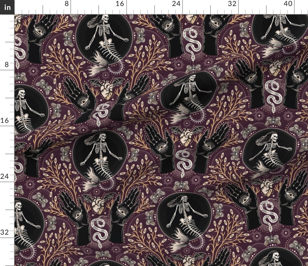 Various Fabrics by the Yard or Fat Quarter Mermaid Skeleton Spooky Hands Eyes Snake Scary Plants Moths Large Plum Purple Gothic Fantasy Custom Printed Fabric by Spoonflower