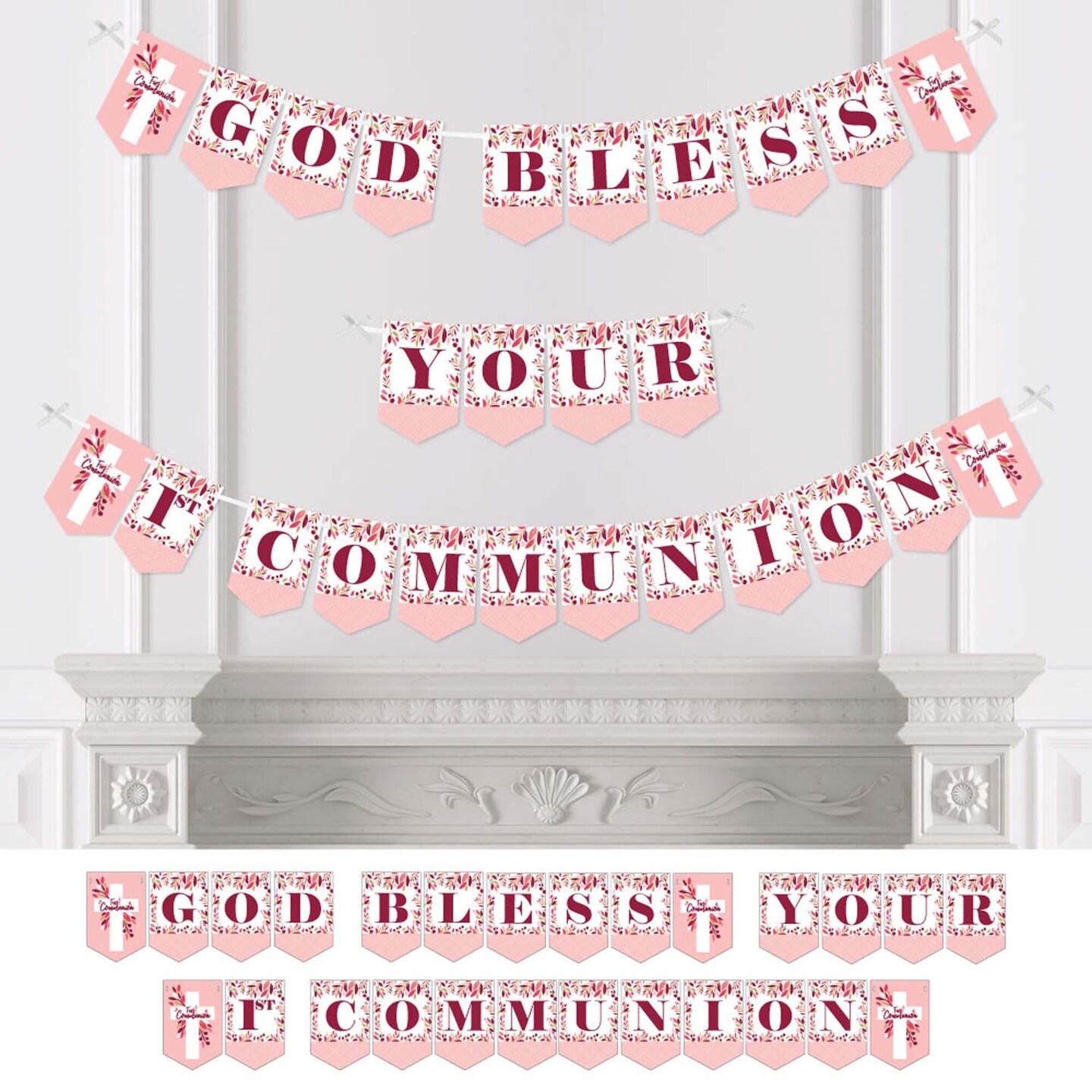 Big Dot of Happiness First Communion Pink Elegant Cross - Girl Religious Party Bunting Banner - Party Decorations - God Bless Your 1st Communion