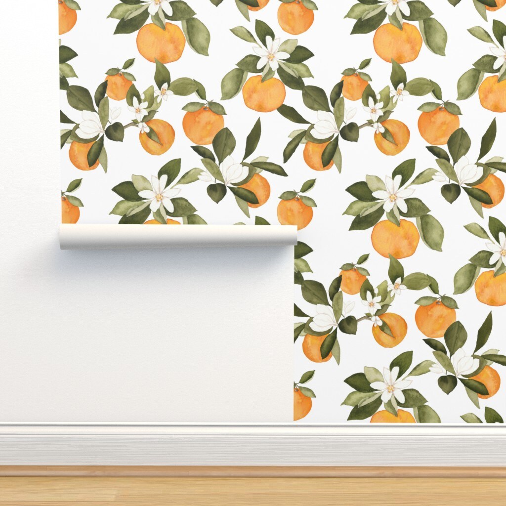 Orange Blossom Oranges Blossoms Spring Fruit Citrus Summer Botanical Floral Custom Removable Wallpaper by Spoonflower Peel & Stick Wallpaper 2FT Wide