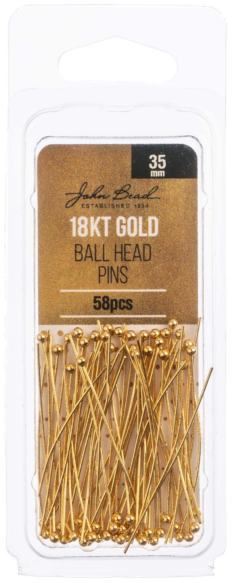 John Bead Ball Head Pins 35x.5mm 24ga 58/Pkg-18kt Gold Plated