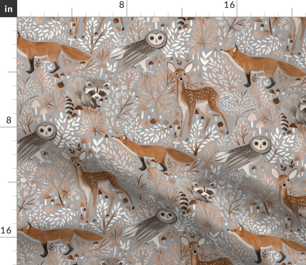 Nature Deer Forest Woodland Owl Wild Animals Whimsical Neutral Fox Gender Raccoon Cute Leaf Custom Printed Fabric by Spoonflower Various Fabrics by the Yard or Fat Quarter