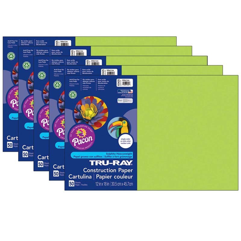 Construction Paper, Brilliant Lime, 12&#x22; x 18&#x22;, 50 Sheets Per Pack, 5 Packs