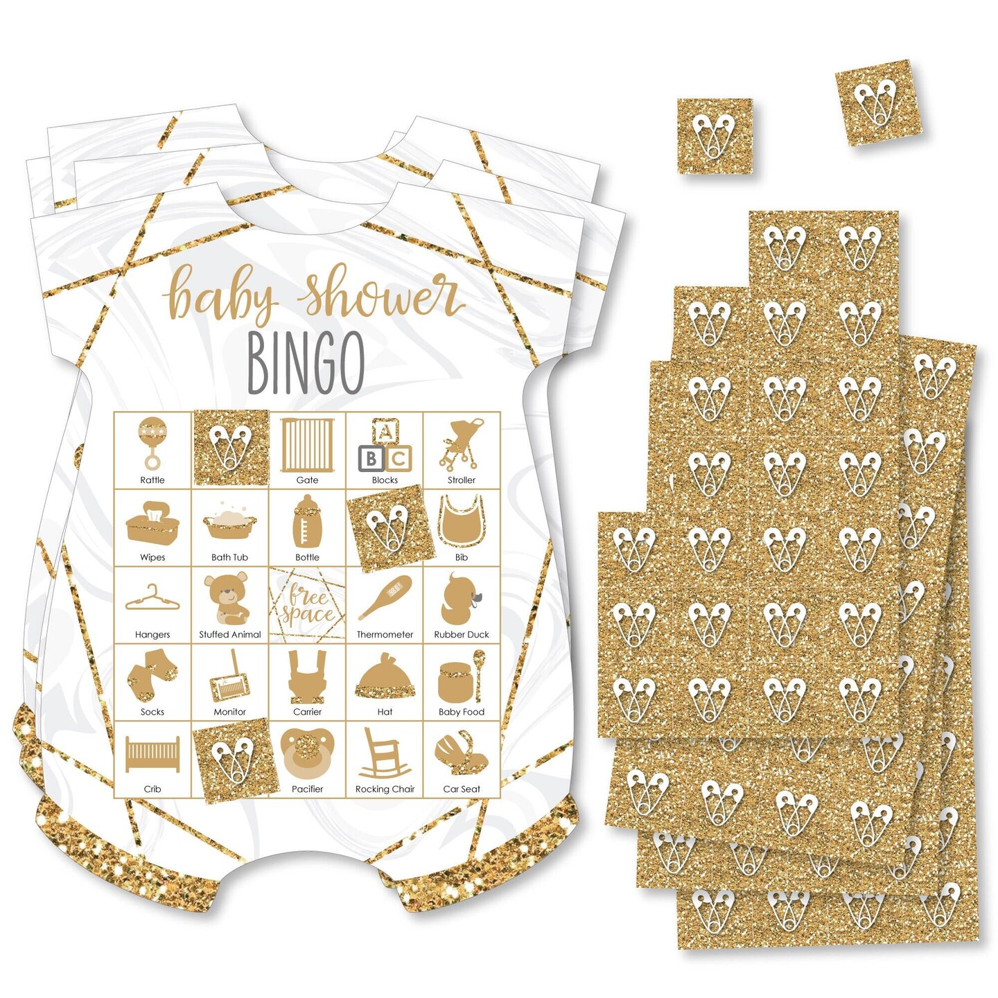 Big Dot of Happiness It’s Twins - Picture Bingo Cards and Markers - Gold Twins Baby Shower Shaped Bingo Game - Set of 18