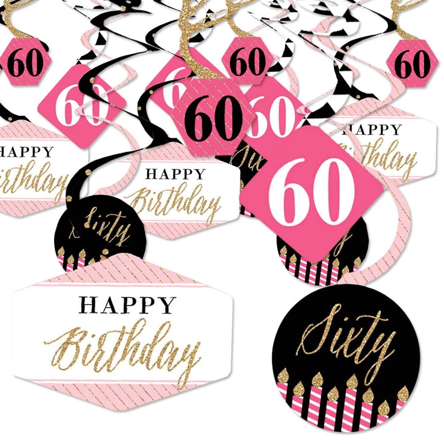 Big Dot of Happiness Chic 60th Birthday - Pink, Black and Gold - Birthday Party Hanging Decor - Party Decoration Swirls - Set of 40