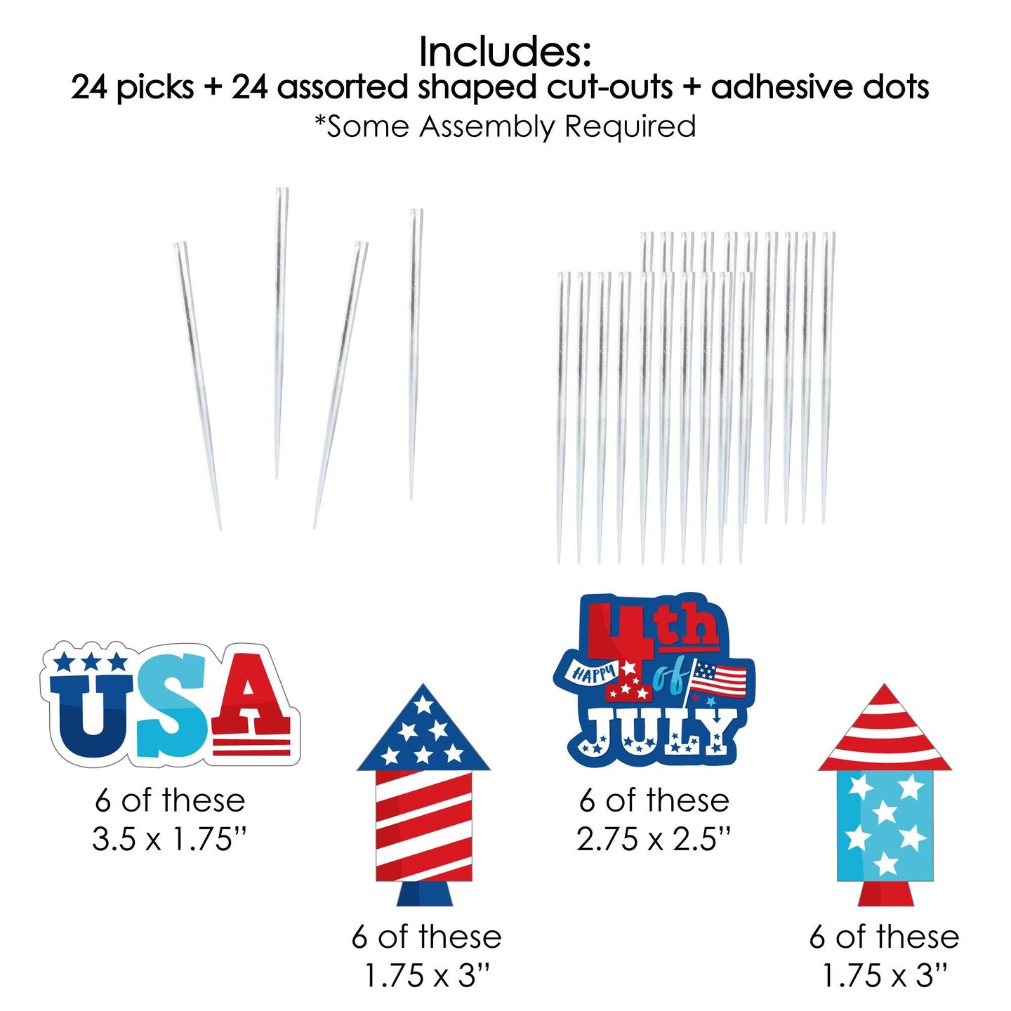 Big Dot of Happiness Firecracker 4th of July - Dessert Cupcake Toppers - Red, White and Royal Blue Party Clear Treat Picks - Set of 24