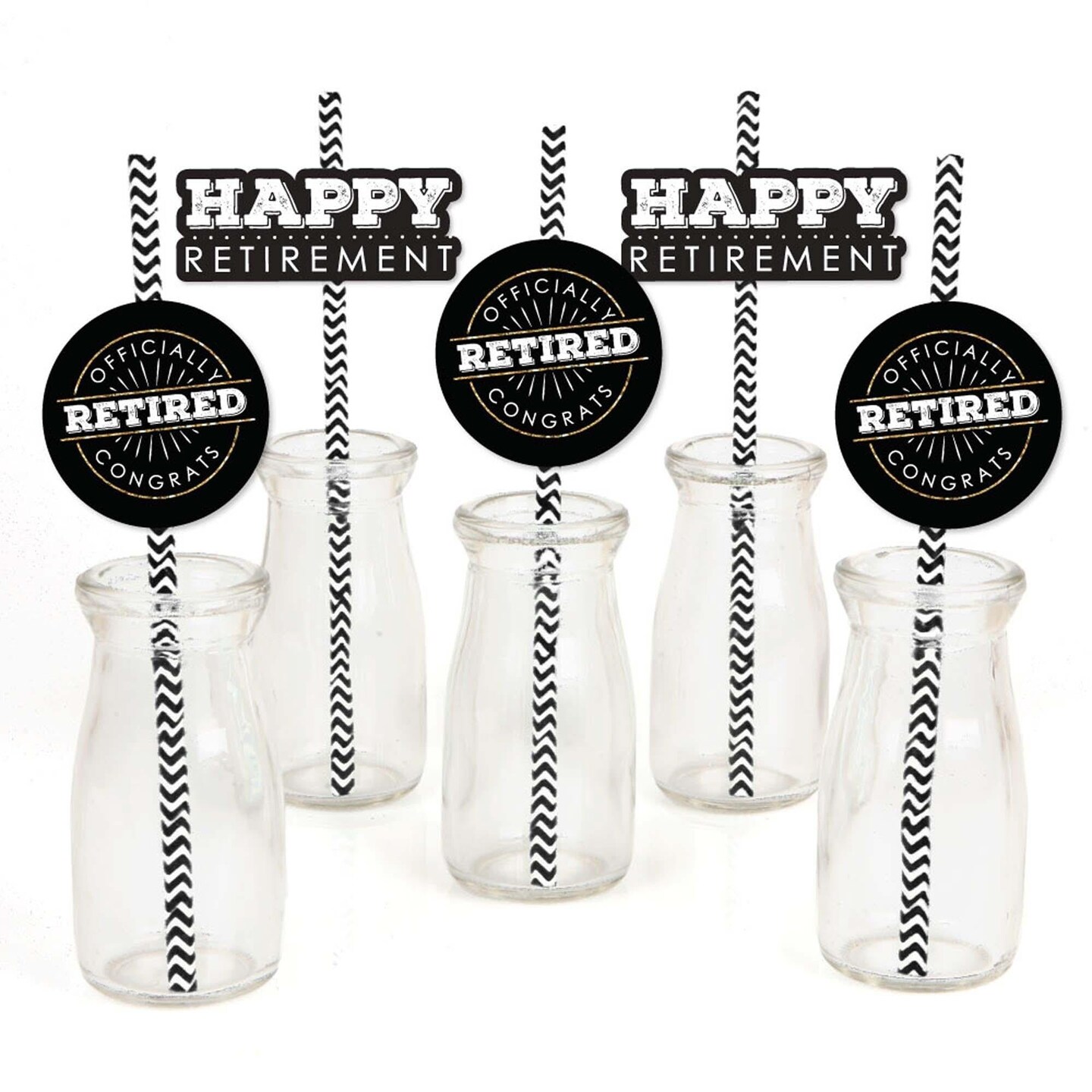 Big Dot of Happiness Happy Retirement - Paper Straw Decor - Retirement Party Striped Decorative Straws - Set of 24
