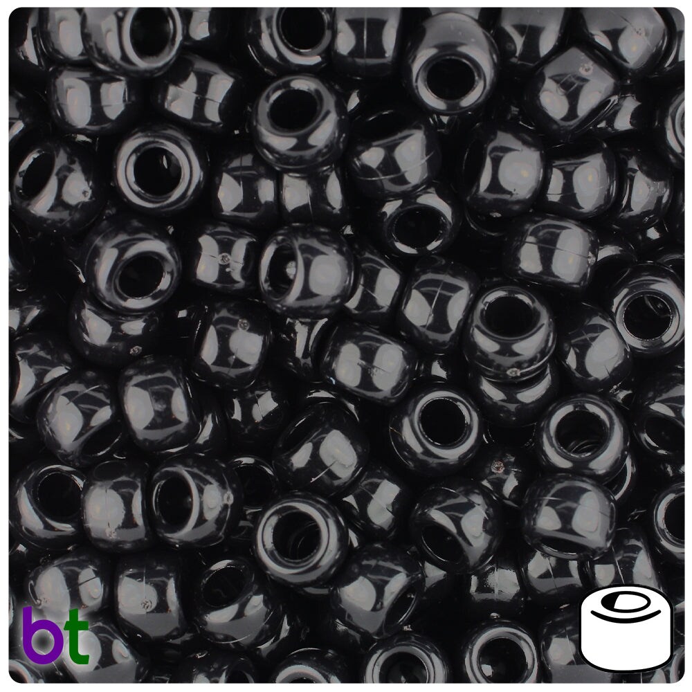 BeadTin Black Opaque 9mm Barrel Plastic Pony Beads (500pcs)