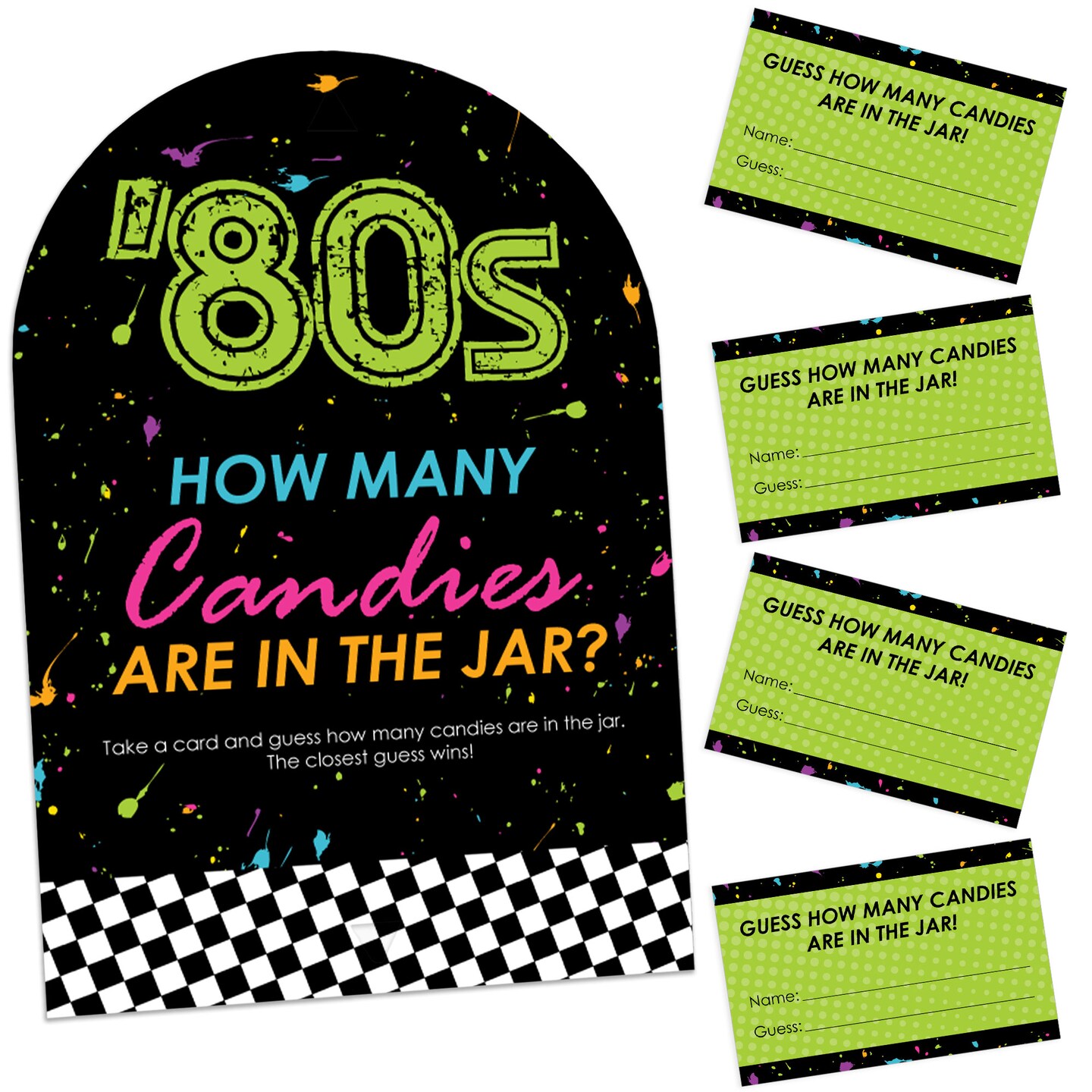 Big Dot of Happiness 80&#x2019;s Retro - How Many Candies Totally 1980s Party Game - 1 Stand and 40 Cards - Candy Guessing Game