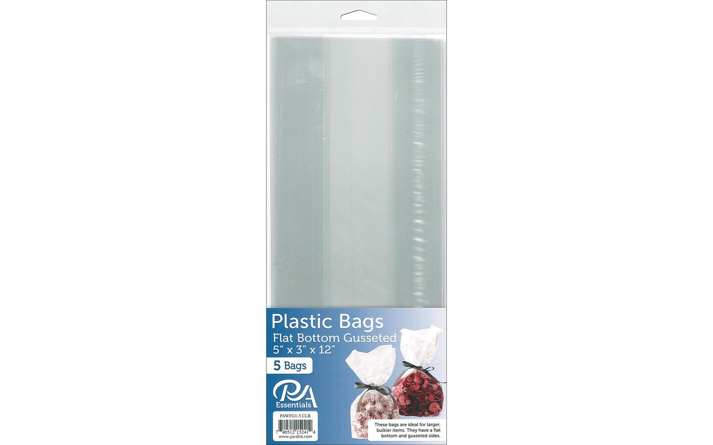 PA Ess Bag Flat Bottom Gusset 5x3x12&#x22; Clear 5pc