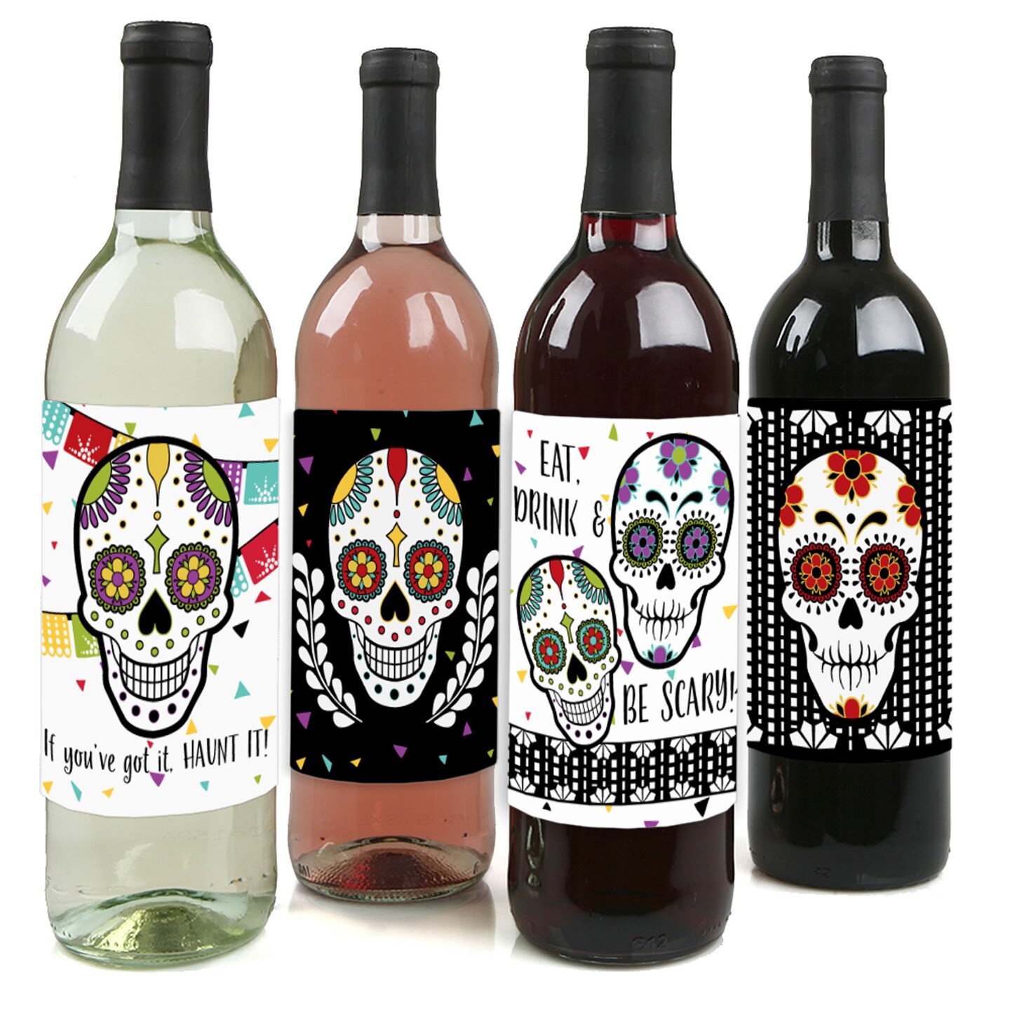 Big Dot of Happiness Day of the Dead - Sugar Skull Decorations for Women and Men - Wine Bottle Label Stickers - Set of 4