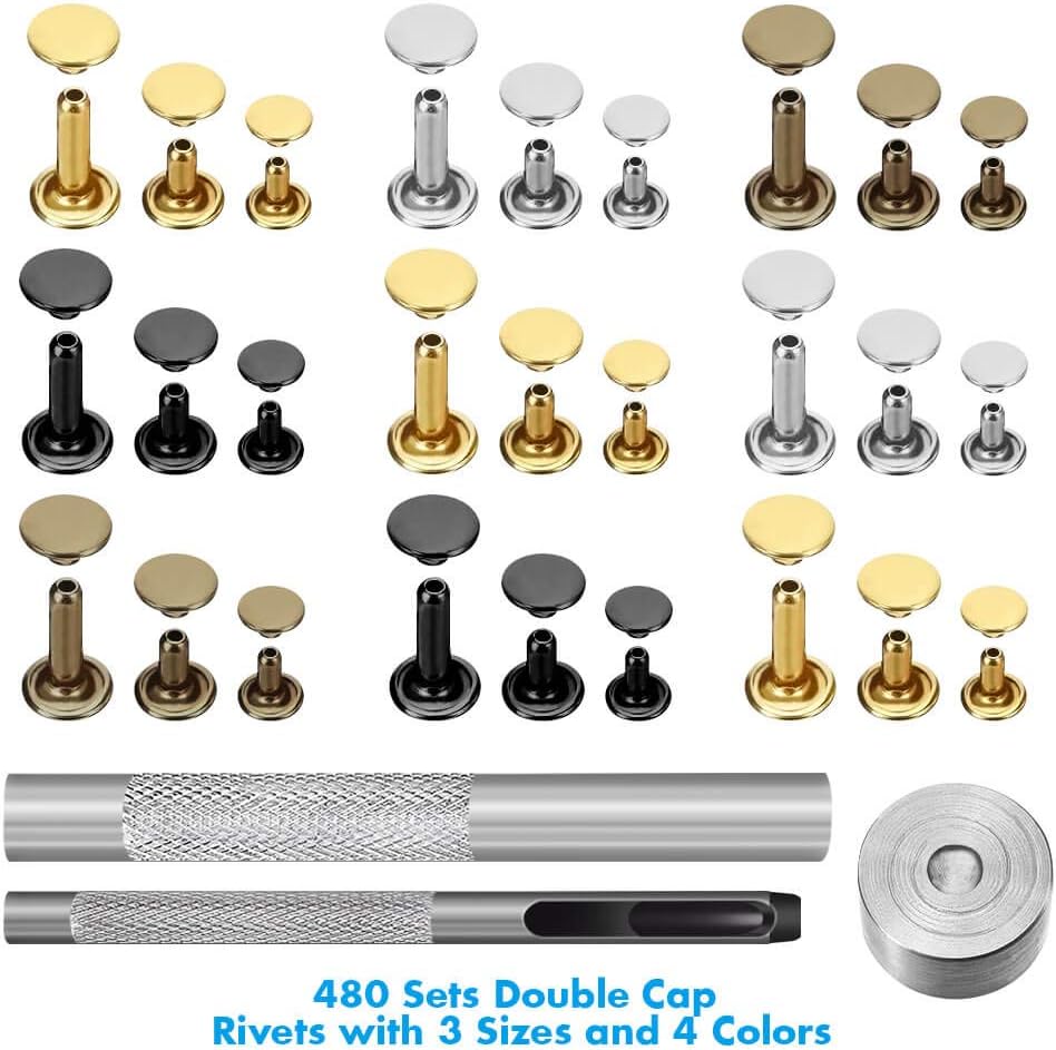 480 Sets 3 Sizes Leather Rivets Double Cap Rivet Tubular Metal Studs with 3 Pieces Setting Tool Kit for Leather Craft Repairs Decoration, 4 Colors