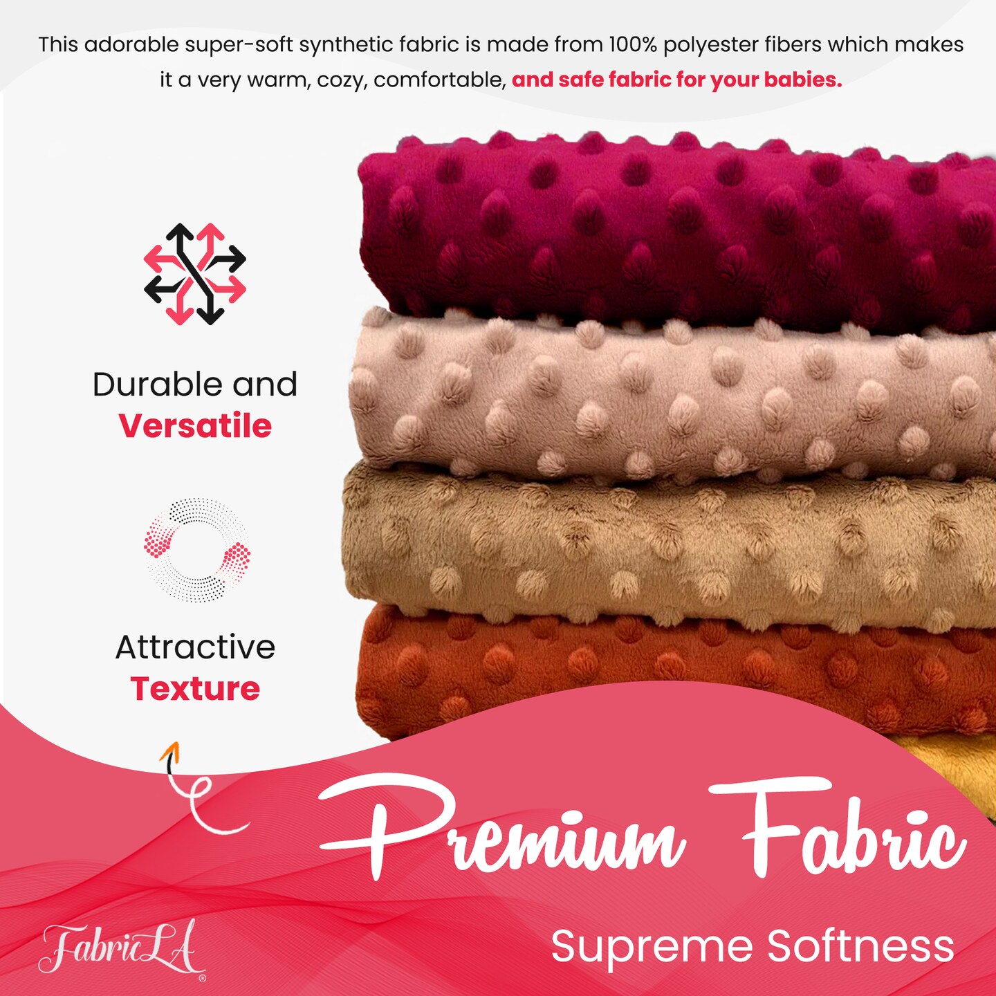 FabricLA Minky Fabric by The Yard | Oeko-TEX Certified Plush Fabric | Soft Minky Dimple Dot Cuddle Fabric | 60" inches Wide | Baby Blanket, Apparel, Throws