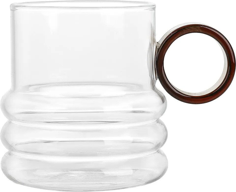 Elle Decor Glass Coffee Mug, Set of 4, Round Amber Handle, 10 Oz