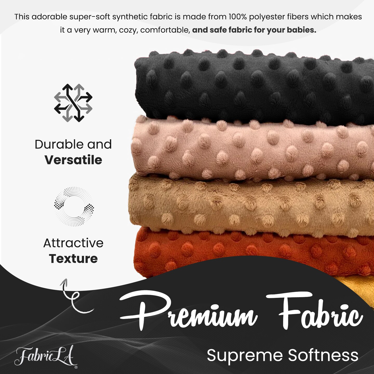 FabricLA Minky Fabric by The Yard | Oeko-TEX Certified Plush Fabric | Soft Minky Dimple Dot Cuddle Fabric | 60&#x22; inches Wide | Baby Blanket, Apparel, Throws