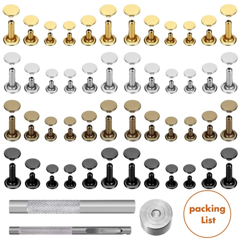 480 Sets 4 Colors 3 Sizes Leather Rivets Double Cap Rivet Tubular Metal Studs with 3 Pieces Setting Tool Kit for Leather Craft Repairs Decoration