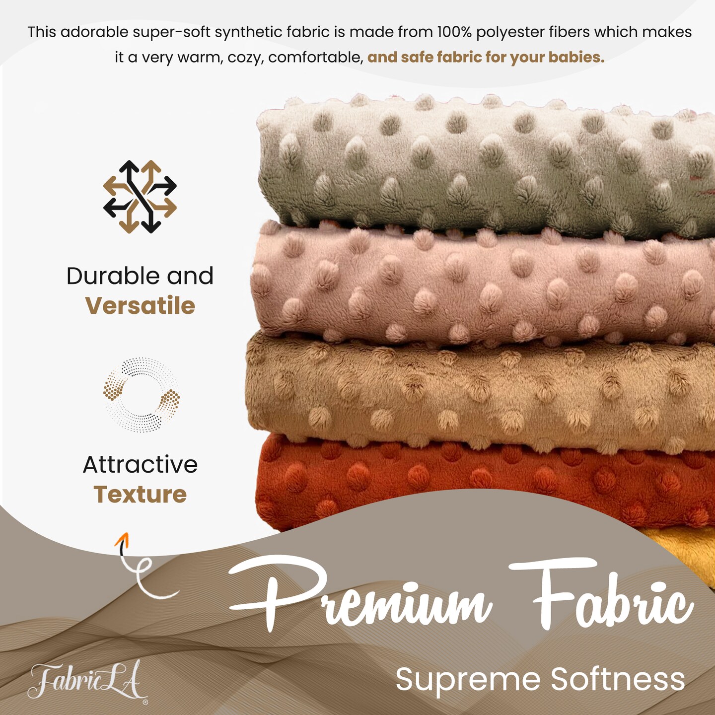 FabricLA Minky Fabric by The Yard | Oeko-TEX Certified Plush Fabric | Soft Minky Dimple Dot Cuddle Fabric | 60" inches Wide | Baby Blanket, Apparel, Throws