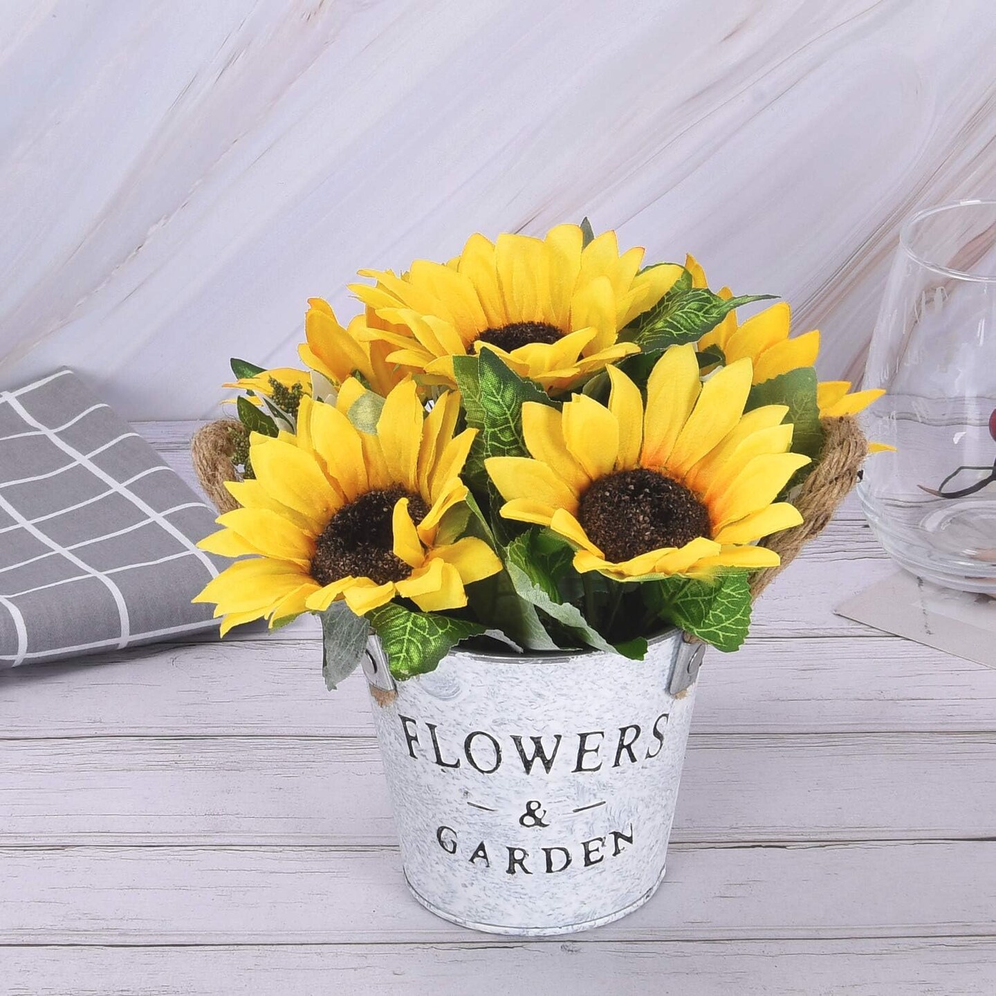Silky Sunflower Bouquet in Metal Pot &#x2013; Perfect for Weddings, Parties, and Home Decor