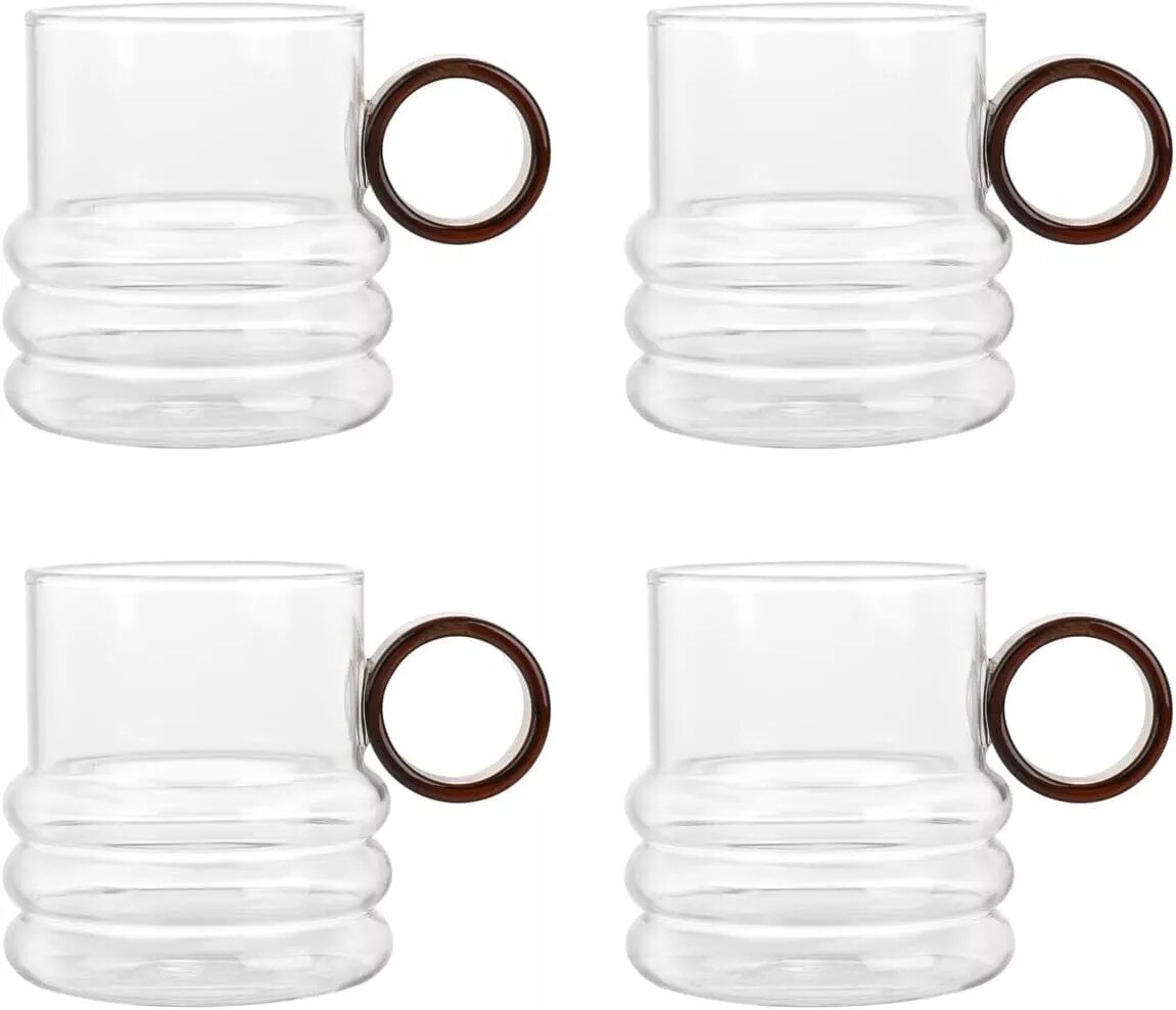 Elle Decor Glass Coffee Mug, Set of 4, Round Amber Handle, 10 Oz