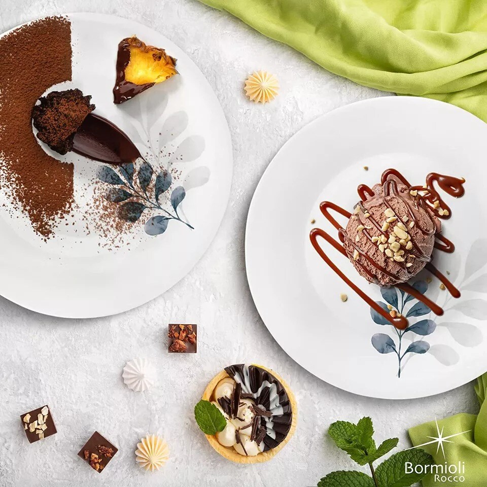 Bormioli Rocco White Moon Botanica Blue, Set Of 6, 7.75" Dessert Plates