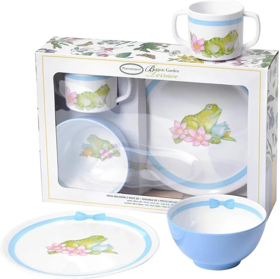 Portmeirion Botanic Garden 3Piece Dinner Set, Blue, Frog Motif, Made of Melamine