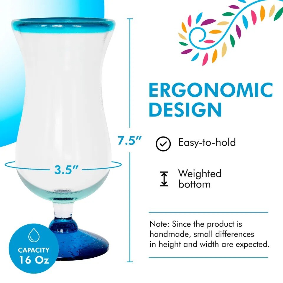 Amici Home Authentic Mexican Handmade 16 oz Hurricane Glass, Set of 4 - Aqua Rim